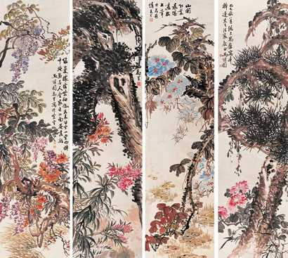 马万里 1929年作 花卉 四屏